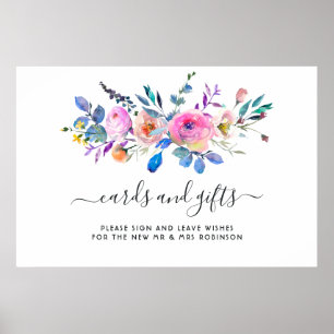 Poster Cartes florales et cadeaux à l'aquarelle rose vif