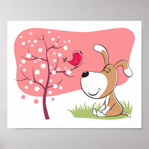 Poster Cartographier Chien Chien Chiot Fleur Oiseau Fleur