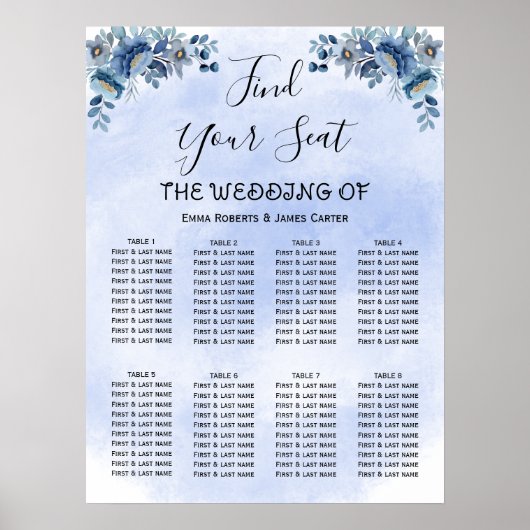 Poster Carton de mariage à fleurs bleues Plan de table de (Devant)