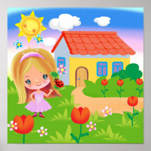 Poster Cartoon girl in a magic garden and house