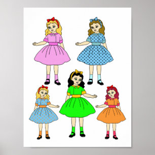 Poster Cartoon Girls Papier poupées art collage feuille