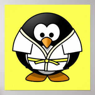 Poster Cartoon Judo Penguin Arrière - plan jaune