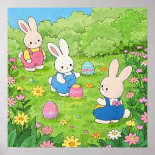 Poster Cartoon lapins de Pâques cachant des oeufs dans un