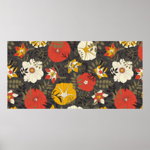 Poster cartoon leaves and flowers on a dark background in