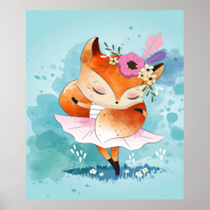 Poster Cartoon Little Fox Jovely Fox Floral