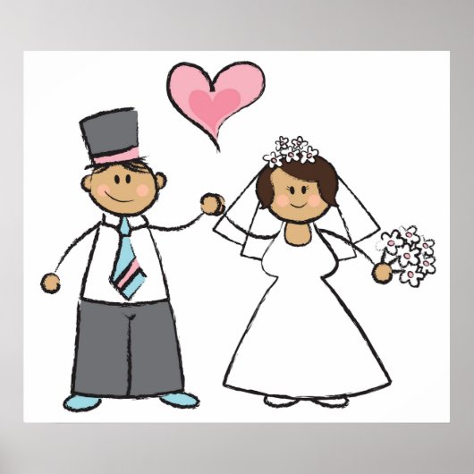 Poster Cartoon Mariage Couple Mariée & Groom Coeur rose (Devant)