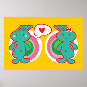 Poster Cartoon mignon Funky Green Alien garçon & fille co