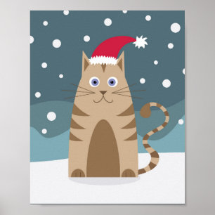 Poster Cartoon père Noël chaton dans la neige xmas paysag