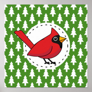 Poster Cartoon Red Cardinal on Green White Pines Pattern