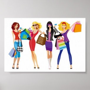 POSTER CARTOON SHOPPPING FILLES VECTEURS STYLE MODE S'AMU