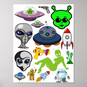 Poster Cartoon Space Aliens Grays UFO Art Collage feuille