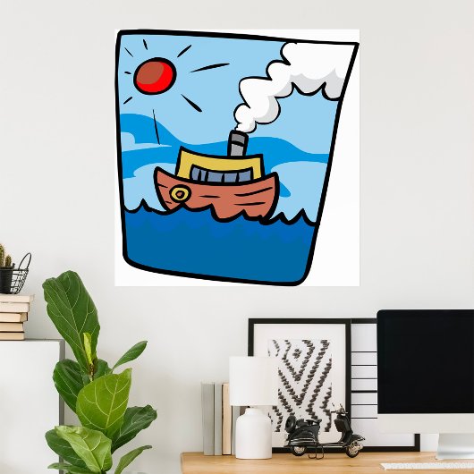 Poster Cartoon Steamship sur Ocean Waves Art nautique