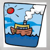 Poster Cartoon Steamship sur Ocean Waves Art nautique (Devant)