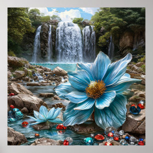 Poster 🌊 Cascade bleue Fleurs épanouies Sérénité de la n