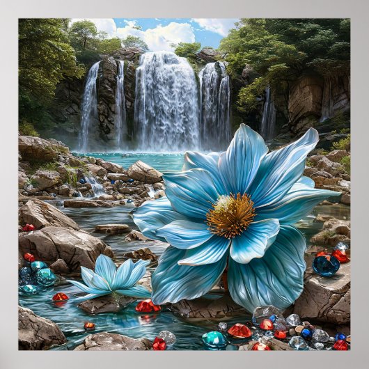 Poster 🌊 Cascade bleue Fleurs épanouies Sérénité de la n (Devant)