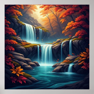 Poster Cascade dans une forêt automnale 🍂