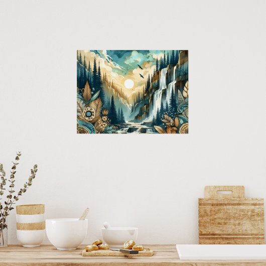 Poster Cascade de Forest Mountain Boho Motif naturel (Cuisine)
