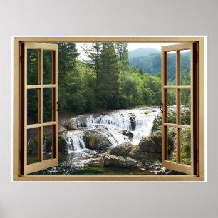 Poster Cascade de rivière à fenêtre ouverte