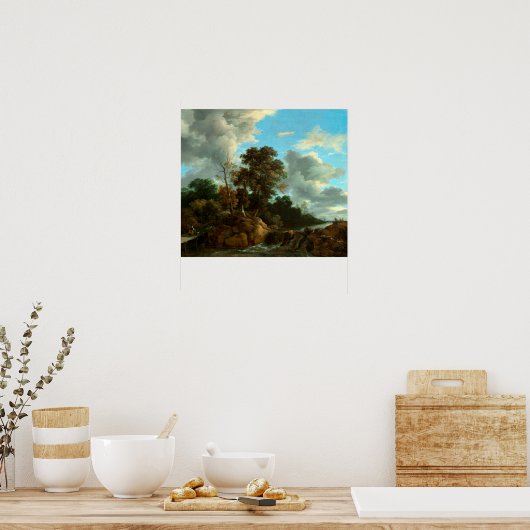 Poster Cascade Jacob van Ruisdael avec figures (Cuisine)