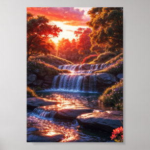 Poster Cascade sereine à l'affiche verticale du coucher d