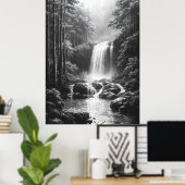 Poster Cascade Tranquille en Forêt - Art au Fusain (Bureau à domicile)