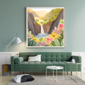 Poster Cascade tropicale | Paysage Floral Aquarelle