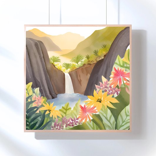 Poster Cascade tropicale | Paysage Floral Aquarelle