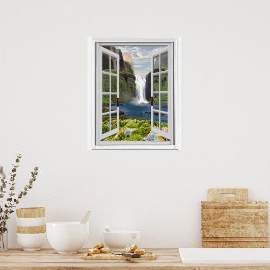 Poster Cascade Vue Trompe l'oeil Effet Fake Window (Cuisine)