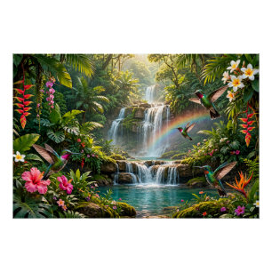 Poster Cascades Arc-en-ciel Colibris Cachette Tropicale