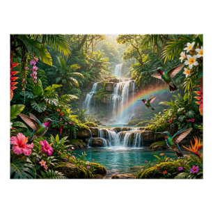 Poster Cascades Arc-en-ciel Colibris Cachette Tropicale