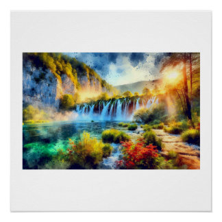 Poster Cascades de Plitvice au coucher du soleil, 