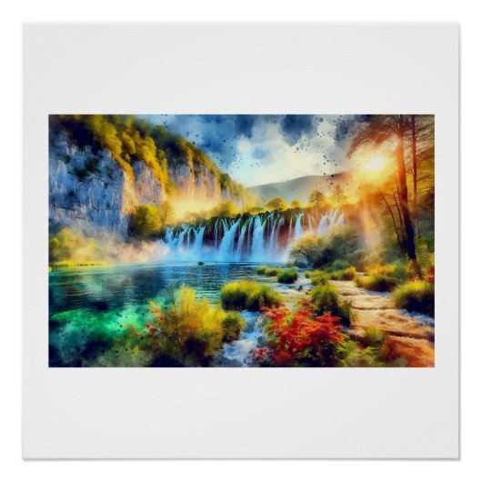 Poster Cascades de Plitvice au coucher du soleil, (Devant)