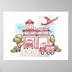 Poster Caserne de pompiers pour enfants à l'aquarelle rêv