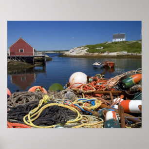 Poster Casiers à homards, bouées et cordes sur le quai à