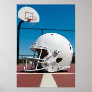 Poster Casque de football blanc sur la ligne du terrain