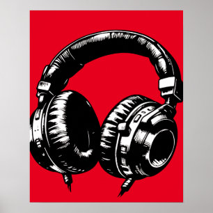 Poster Casque de musique noir Danse DJ 