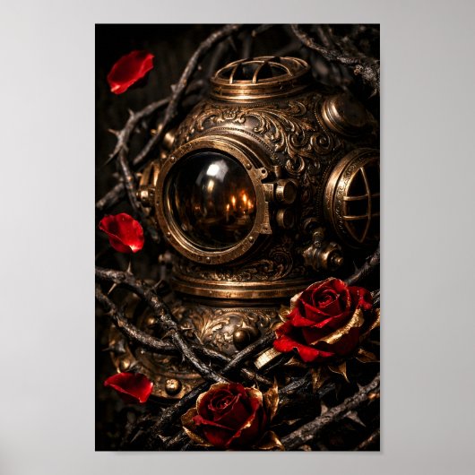 Poster Casque de plongeur Steampunk Antique Rose Rouge Ar (Devant)