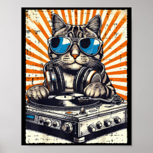 Poster Casque Dj Chat Platine Vinyle Musique Vintage Edm