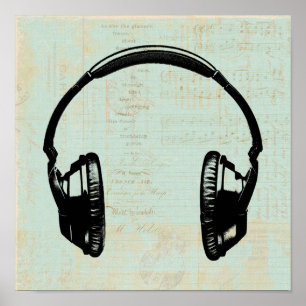 Poster Casque Musique Illustration Vintage Mint Green