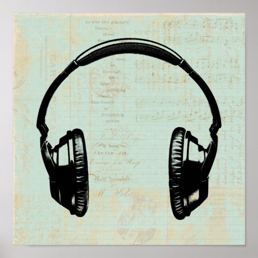 Poster Casque Musique Illustration Vintage Mint Green (Devant)