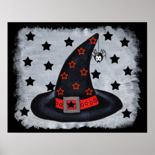 Poster Casquette de sorcière noire avec étoiles et affich