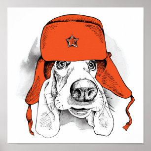 Poster Casquette rouge de Basset Hound   Ushanka