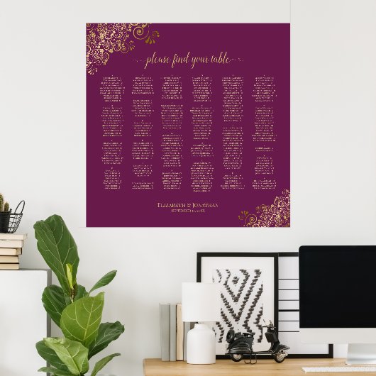 Poster Cassis Magenta et Arbre Alphabétique Gold (Bureau à domicile)