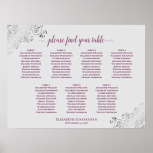 Poster Cassis Purple & Gray 7 Table Wedding Seating Chart