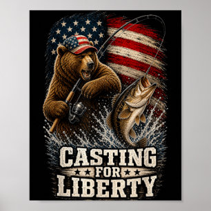 Poster Casting pour la liberté ours patriotique pêcheur à