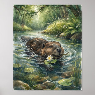 Poster Castor nageant avec nénuphar forêt ruisseau eau
