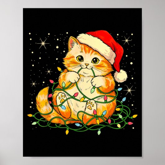 Poster Cat Christmas Lights Santa Hat Xmas Cats Lover Pet (Devant)