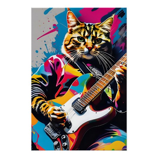 Poster Cat joue de la guitare, graffiti rock (Devant)