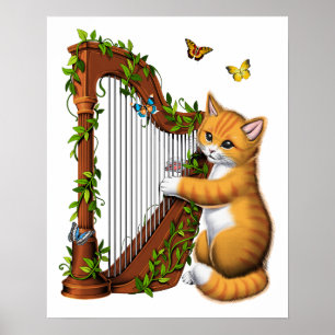Poster Cat Jouer à la harpe
