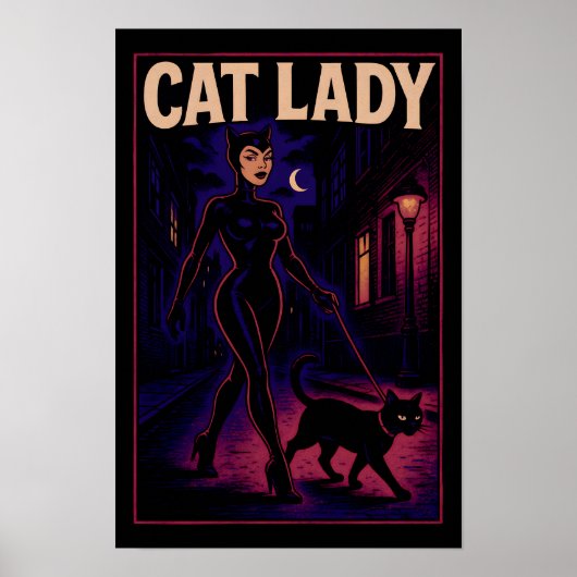 Poster Cat Lady -Cats Art Lover- City Night Comic Graphic (Devant)